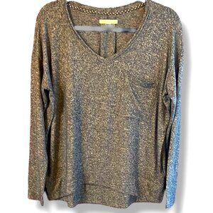 Blue Gray Long Sleeve Knitted top with Relaxed V Neck